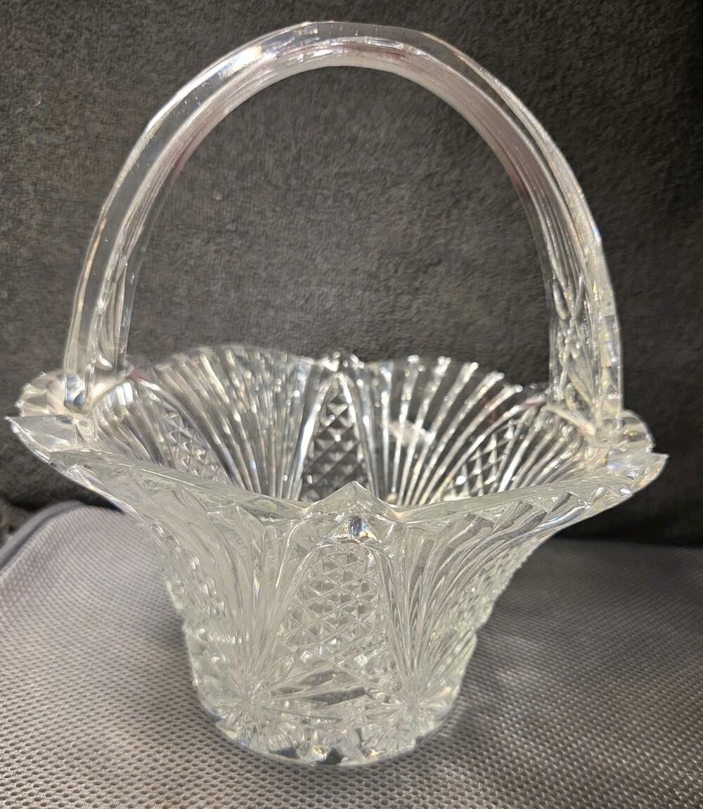 Vintage Imperial Crystal 9.5" Round Basket Dish, Clear 24% Lead Crystal, Czech